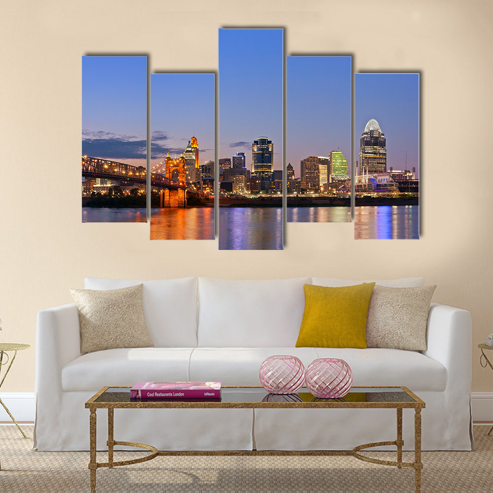 The Cincinnati Skyline, Roebling Suspension Bridge At Twilight Multi Panel Canvas Wall Art