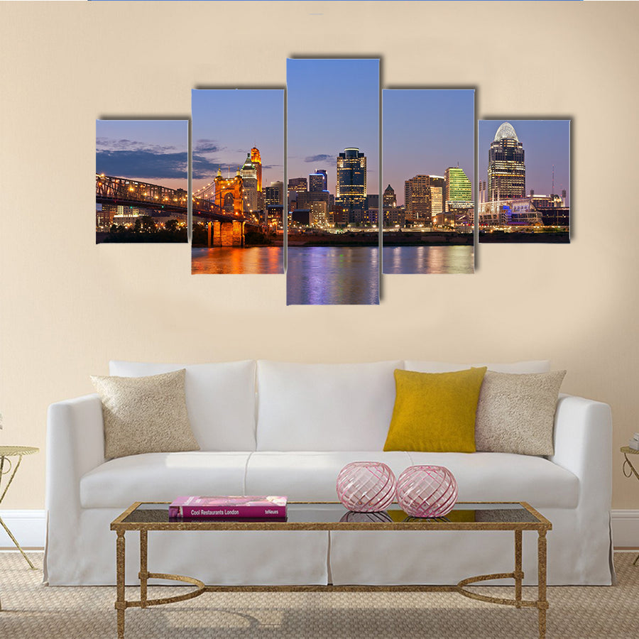 The Cincinnati Skyline, Roebling Suspension Bridge At Twilight Multi Panel Canvas Wall Art