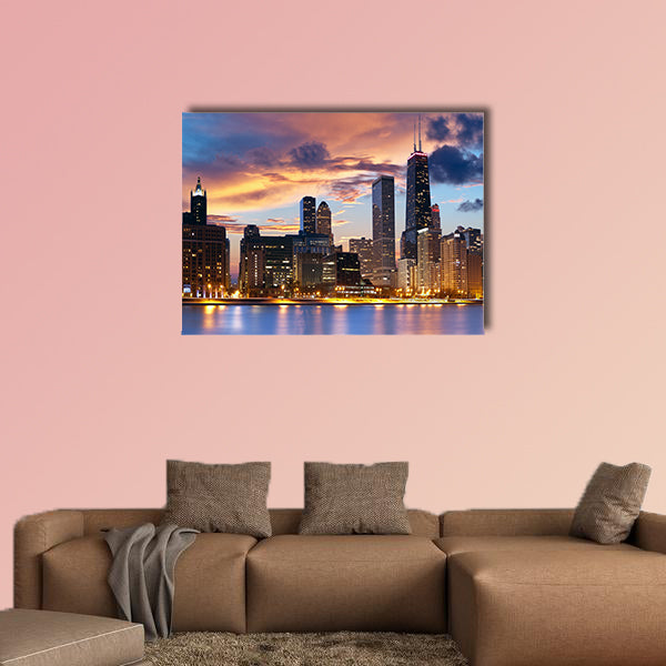 Chicago Skyline downtown skyline at dusk multi panel canvas wall art