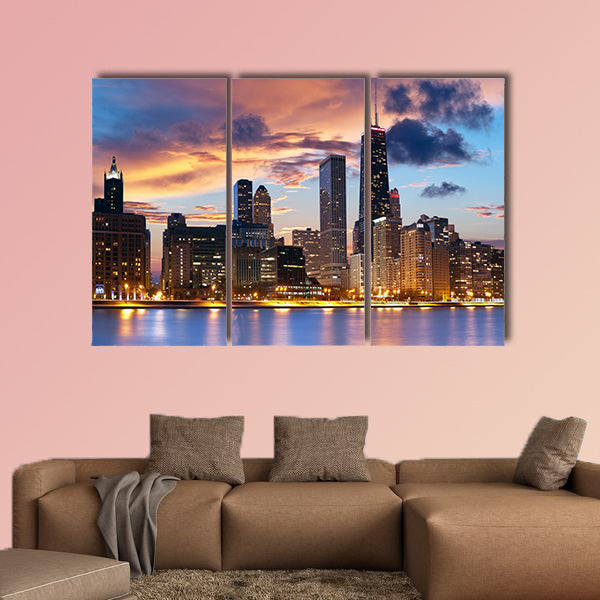 Chicago Skyline downtown skyline at dusk multi panel canvas wall art