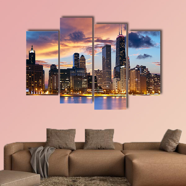 Chicago Skyline downtown skyline at dusk multi panel canvas wall art