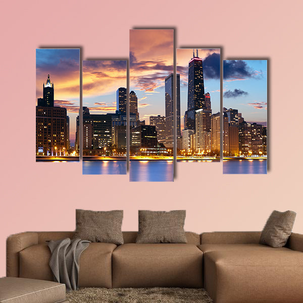 Chicago Skyline downtown skyline at dusk multi panel canvas wall art