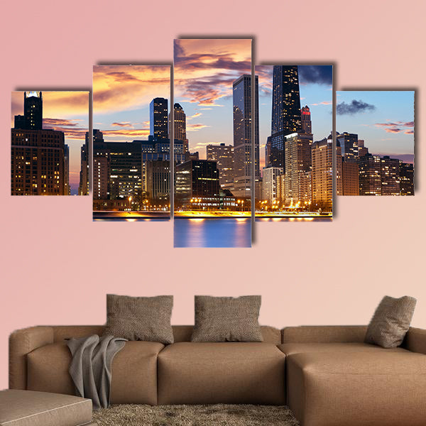 Chicago Skyline downtown skyline at dusk multi panel canvas wall art