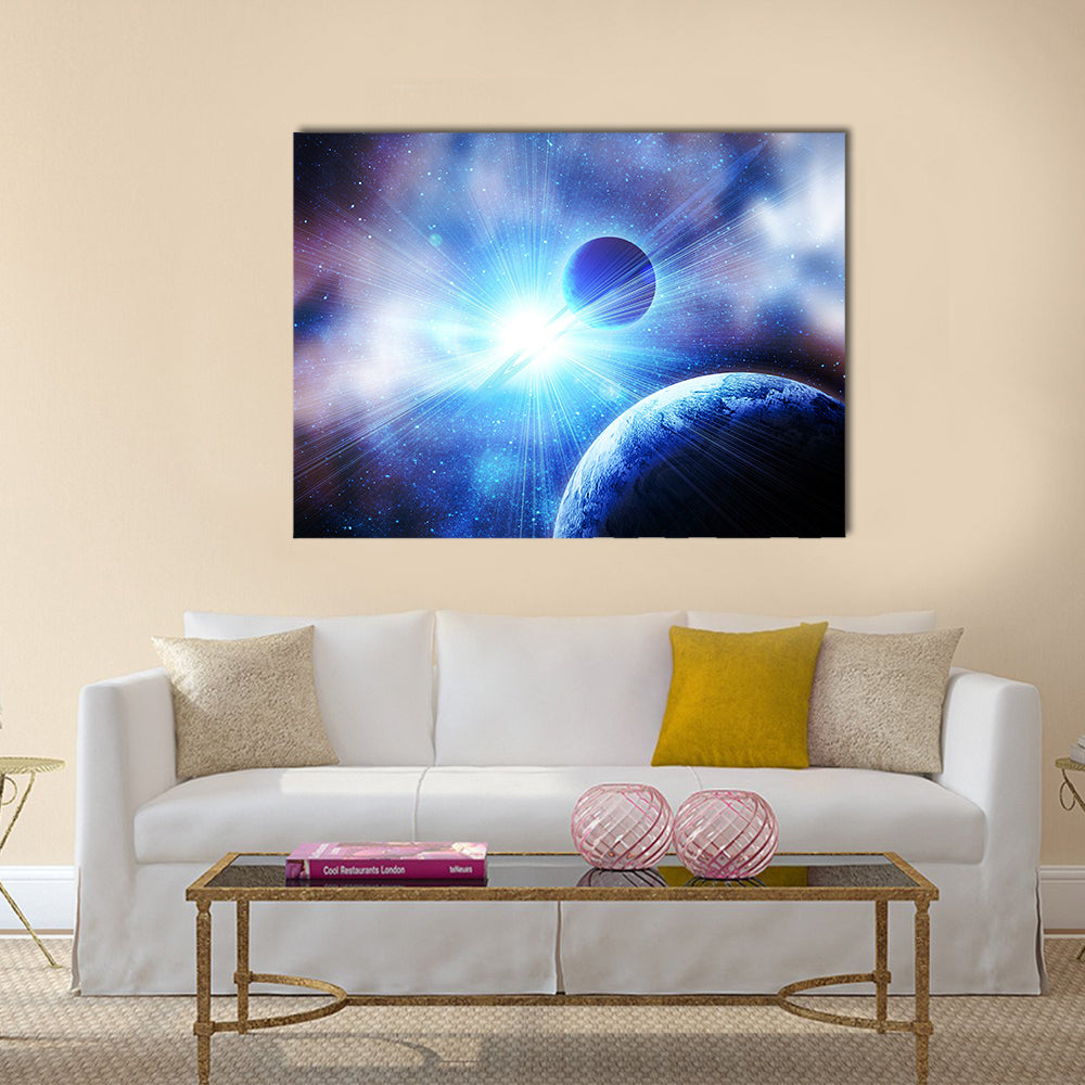 Planets against the sun in space Multi Panel Canvas Wall Art