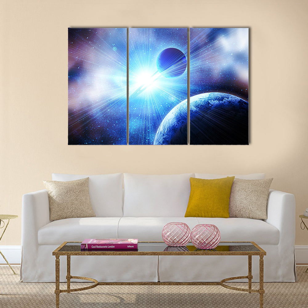 Planets against the sun in space Multi Panel Canvas Wall Art