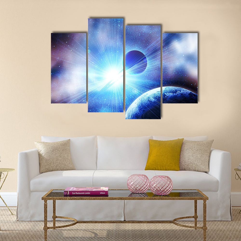 Planets against the sun in space Multi Panel Canvas Wall Art