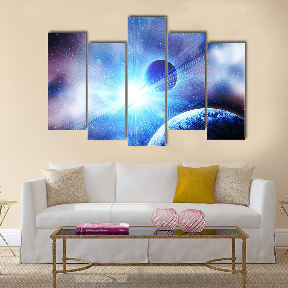 Planets against the sun in space Multi Panel Canvas Wall Art