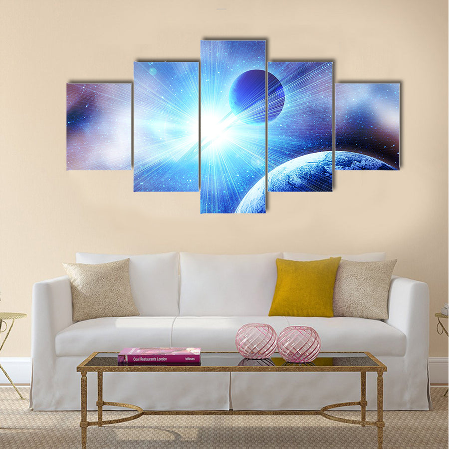 Planets against the sun in space Multi Panel Canvas Wall Art