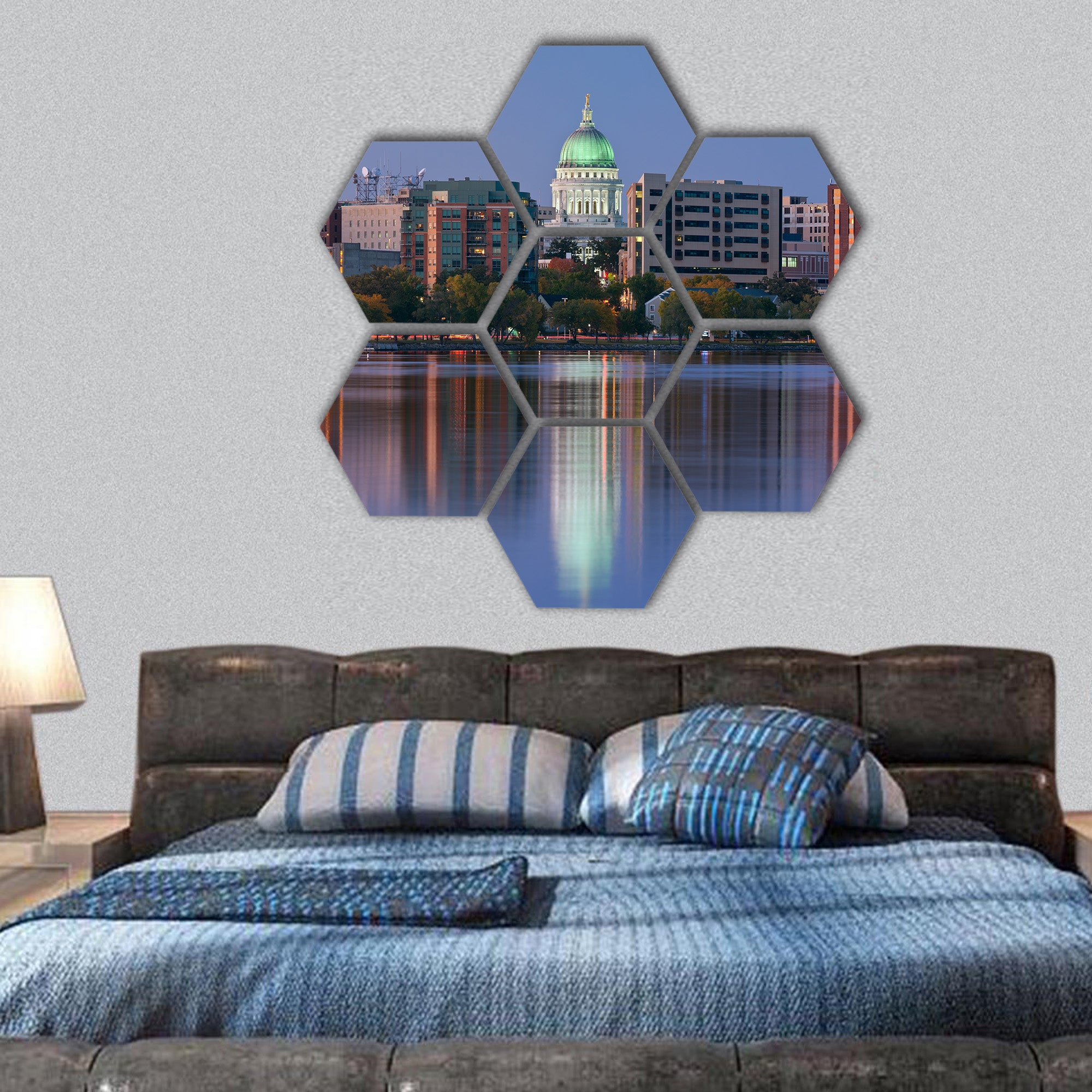 Madison (Wisconsin) at twilight hexagonal canvas wall art