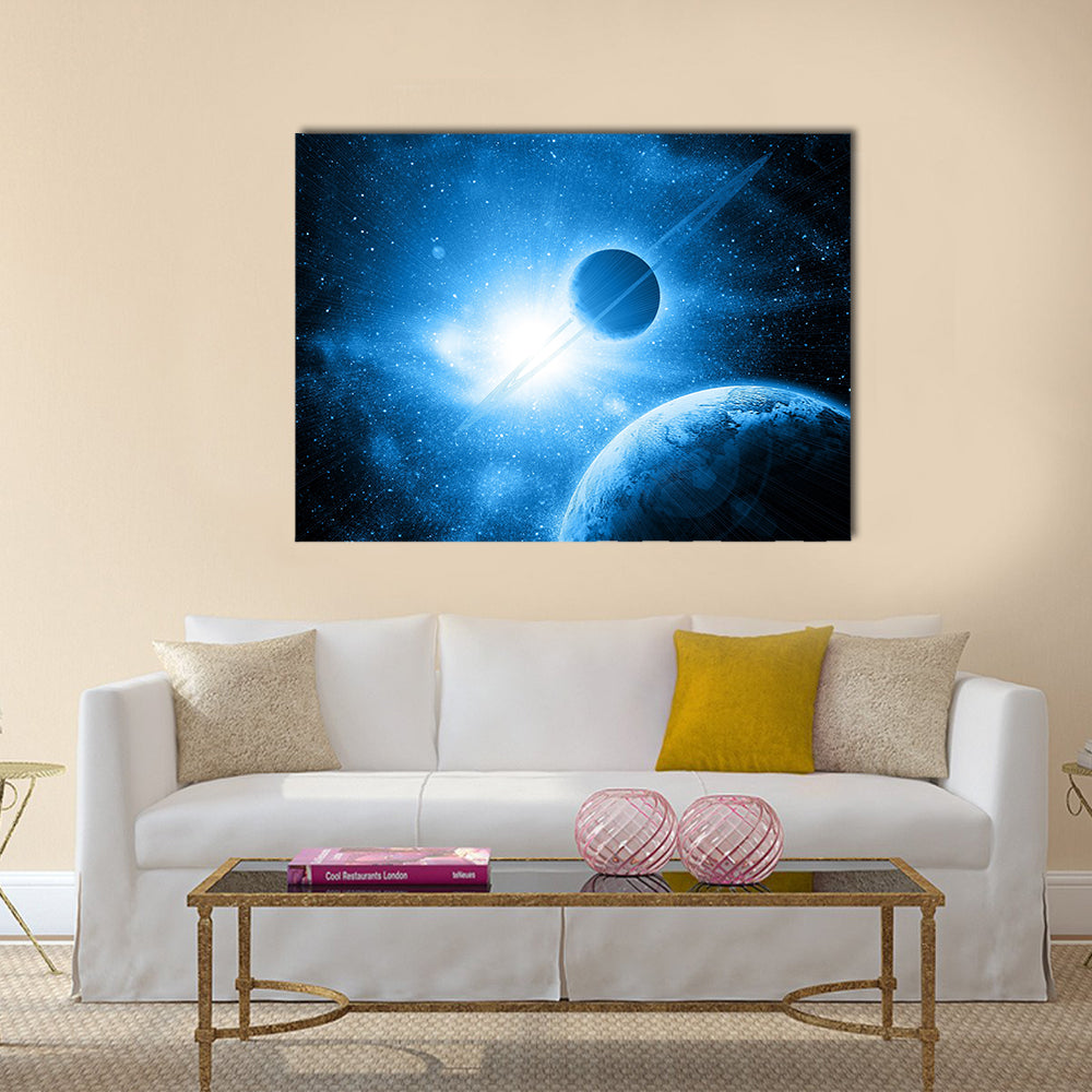 Planets against the sun in space Multi Panel Canvas Wall Art