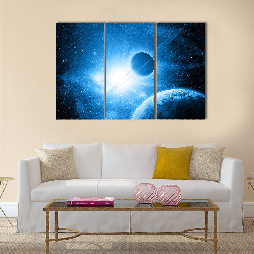 Planets against the sun in space Multi Panel Canvas Wall Art