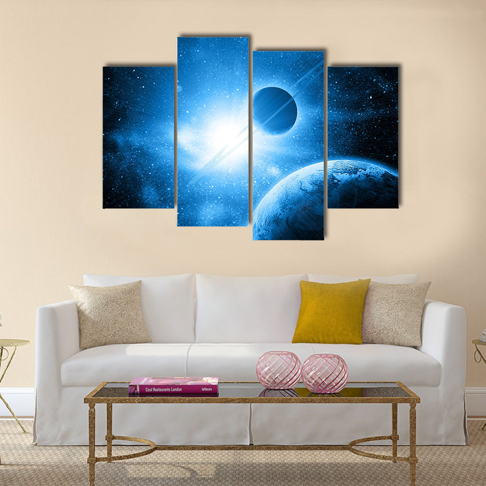 Planets against the sun in space Multi Panel Canvas Wall Art