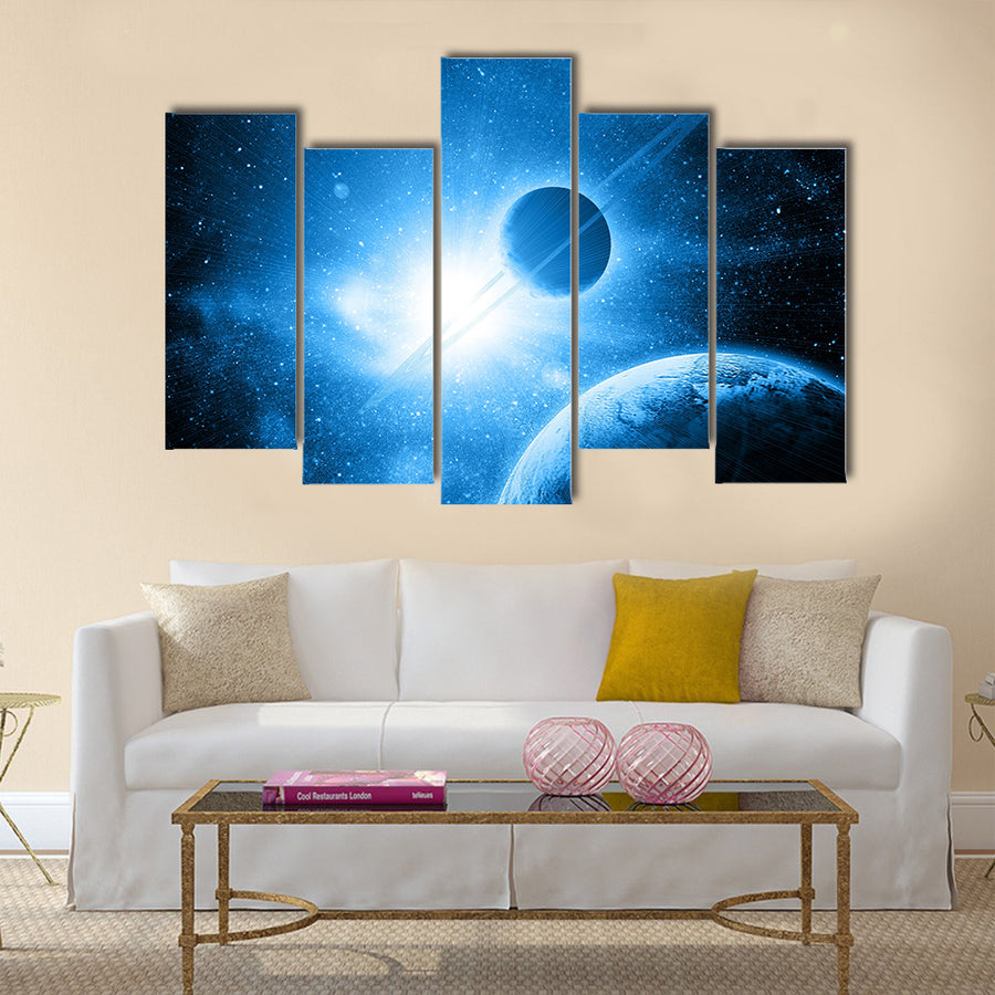 Planets against the sun in space Multi Panel Canvas Wall Art
