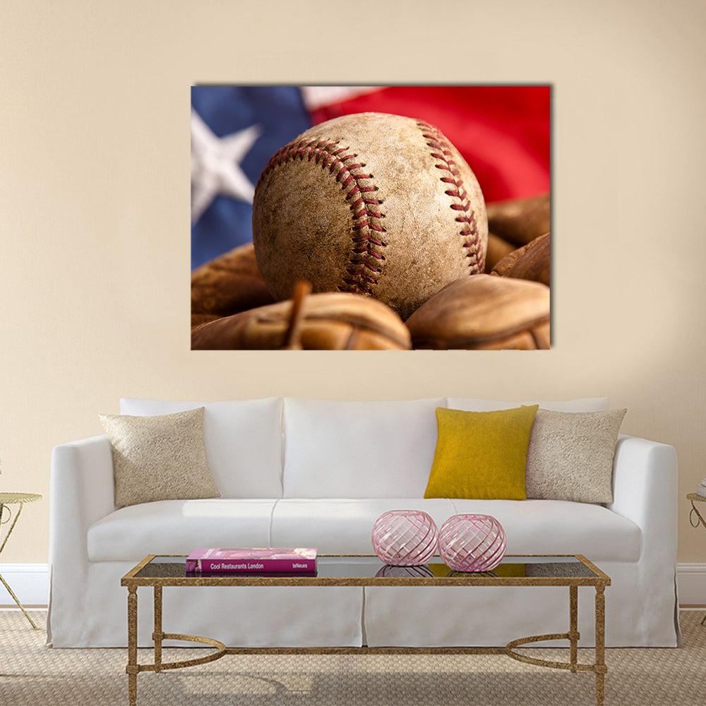 Vintage baseball glove with American flag Multi panel canvas wall art