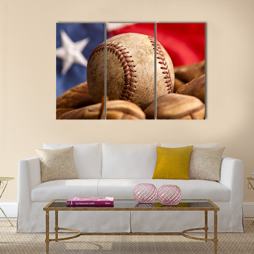 Vintage baseball glove with American flag Multi panel canvas wall art