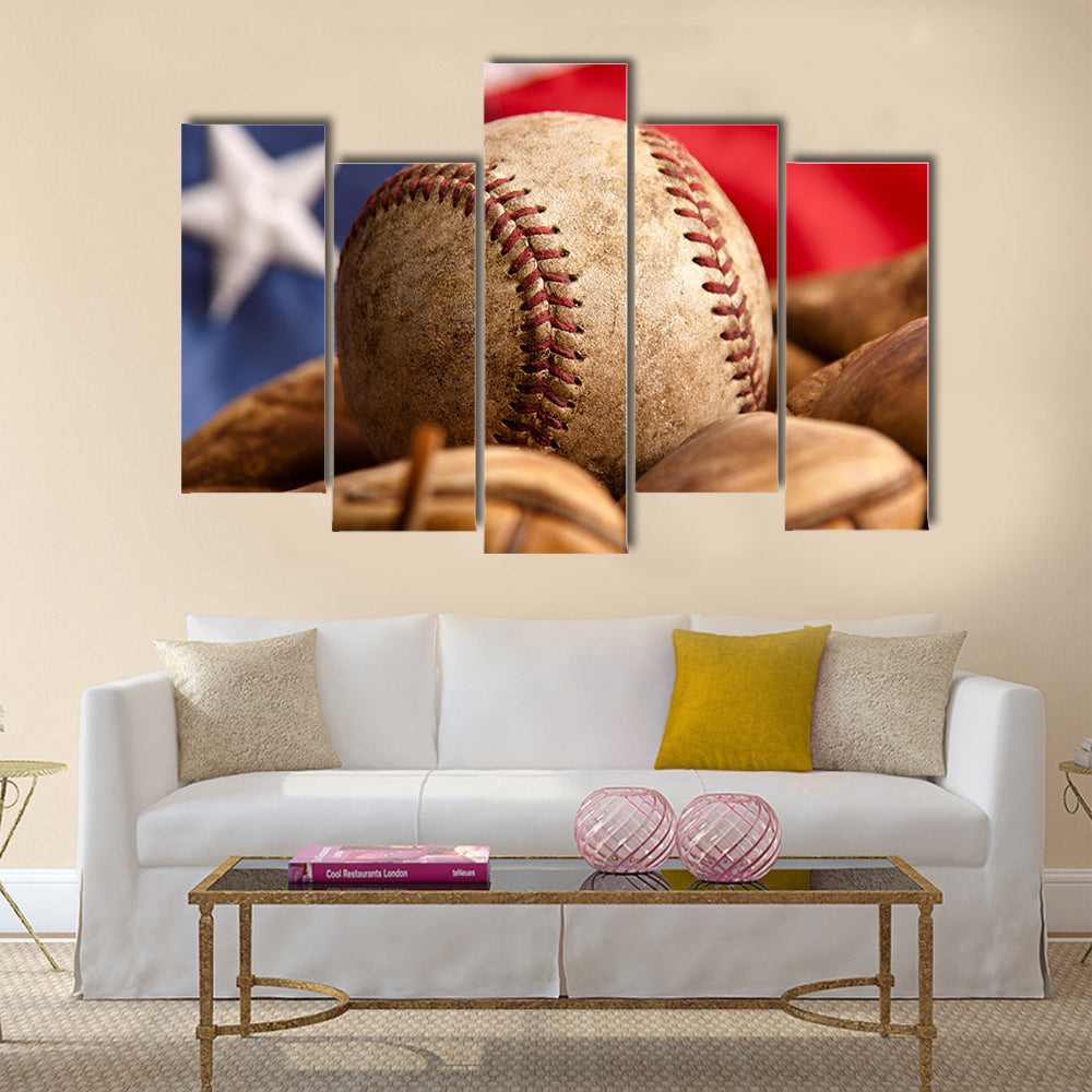 Vintage baseball glove with American flag Multi panel canvas wall art