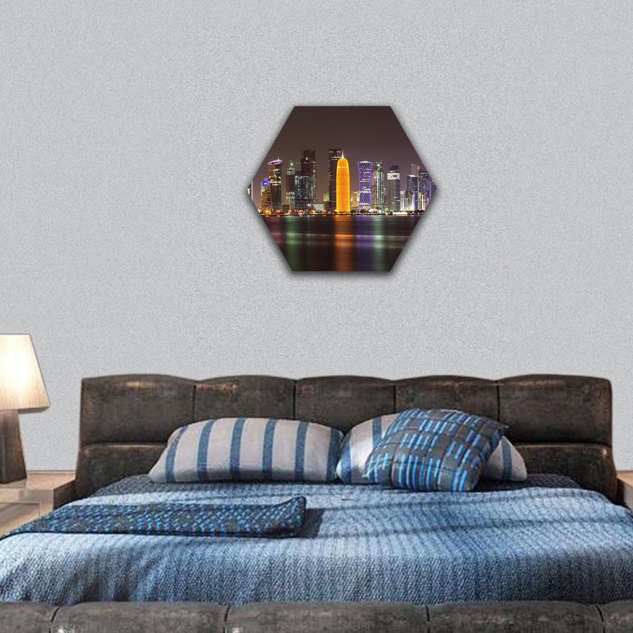 Doha skyline at night Middle East,Qatar hexagonal canvas wall art