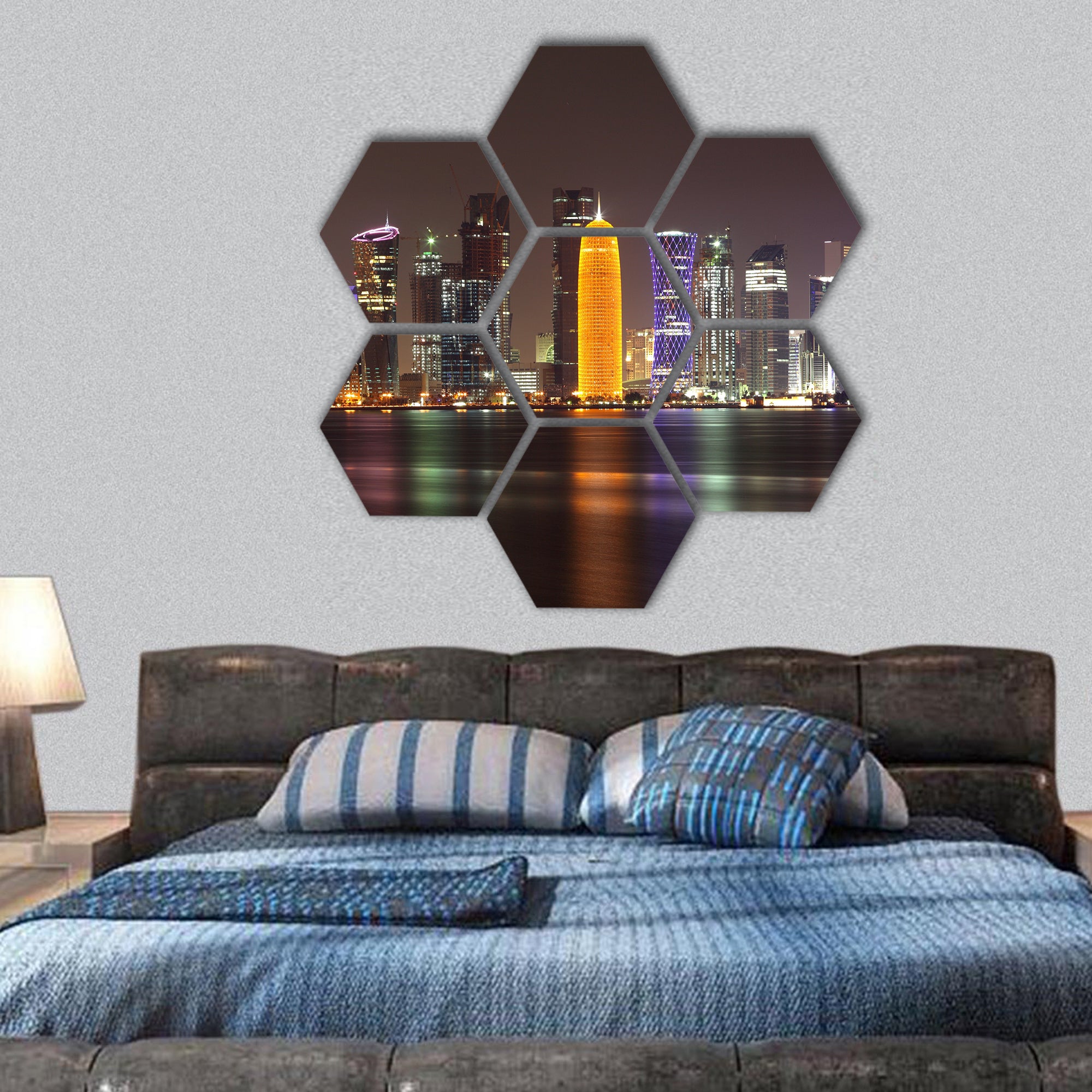 Doha skyline at night Middle East,Qatar hexagonal canvas wall art