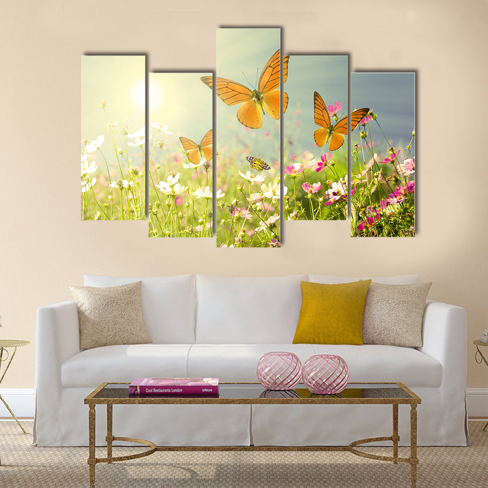 Summer flowers with blue sky Multi Panel Canvas Wall Art