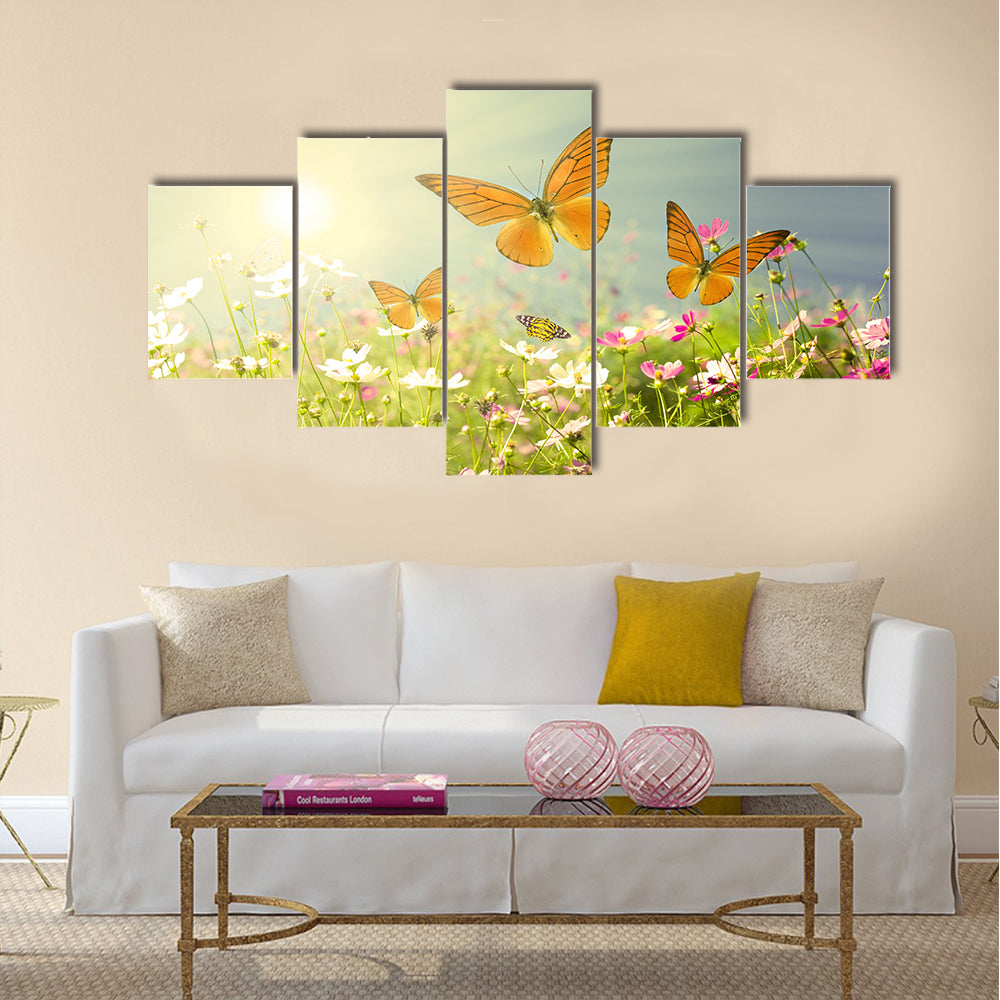Summer flowers with blue sky Multi Panel Canvas Wall Art
