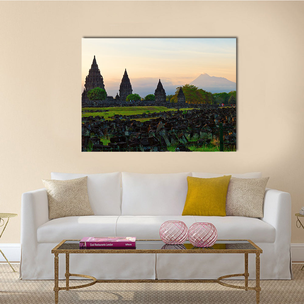 The Prambanan Hindu temple in Yogyakarta with Merapi volcano multi panel canvas wall art