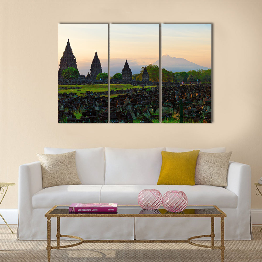 The Prambanan Hindu temple in Yogyakarta with Merapi volcano multi panel canvas wall art