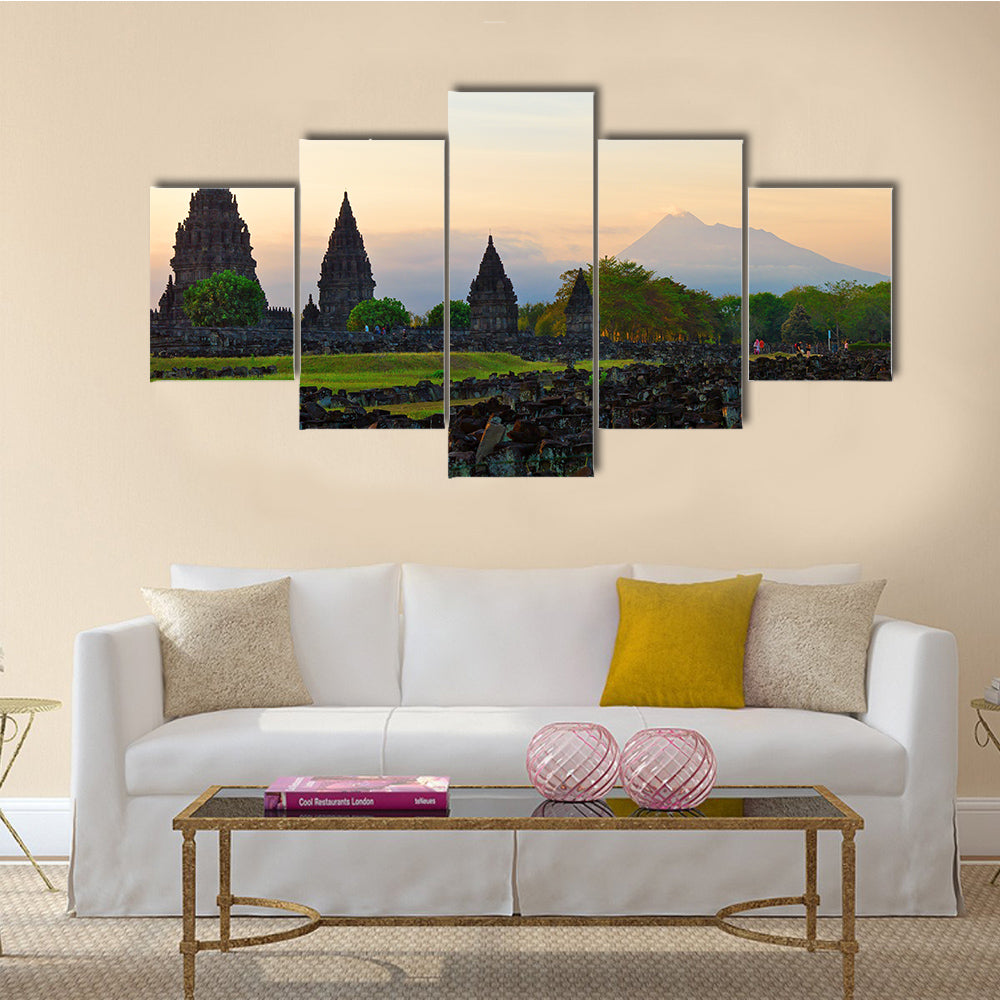 The Prambanan Hindu temple in Yogyakarta with Merapi volcano multi panel canvas wall art