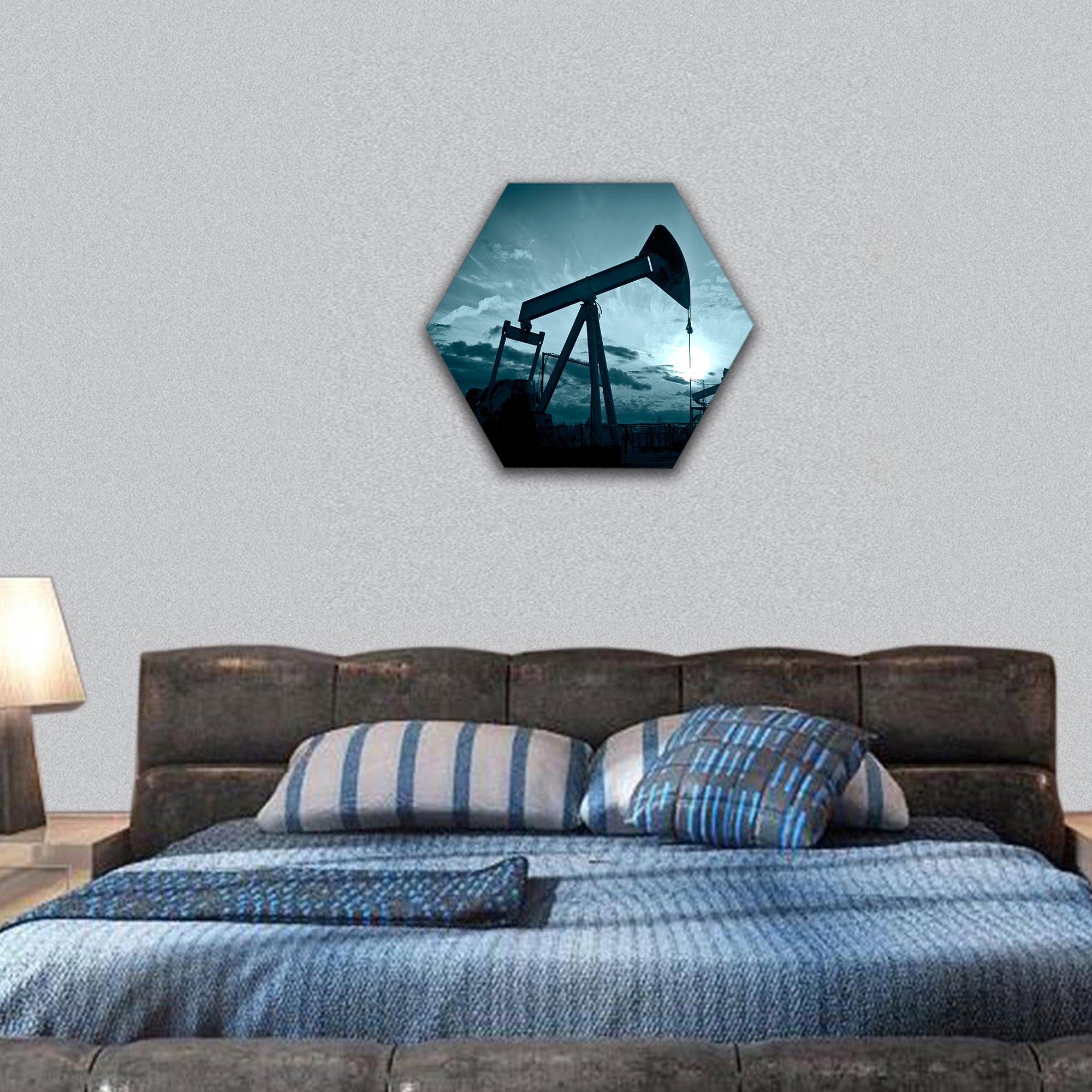 Silhouette oil pumps on a sunset sky hexagonal canvas wall art