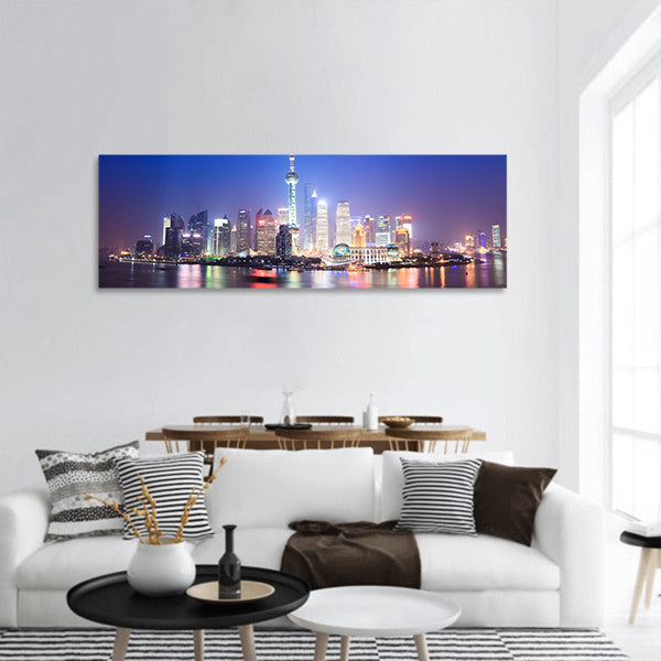 Beautiful night scenery of shanghai skyline, China panoramic canvas wall art