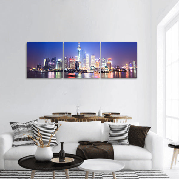 Beautiful night scenery of shanghai skyline, China panoramic canvas wall art