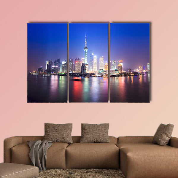 Beautiful night scenery of shanghai skyline, China multi panel canvas wall art
