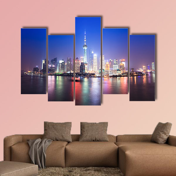 Beautiful night scenery of shanghai skyline, China multi panel canvas wall art
