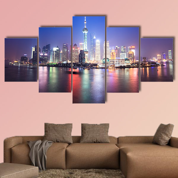 Beautiful night scenery of shanghai skyline, China multi panel canvas wall art