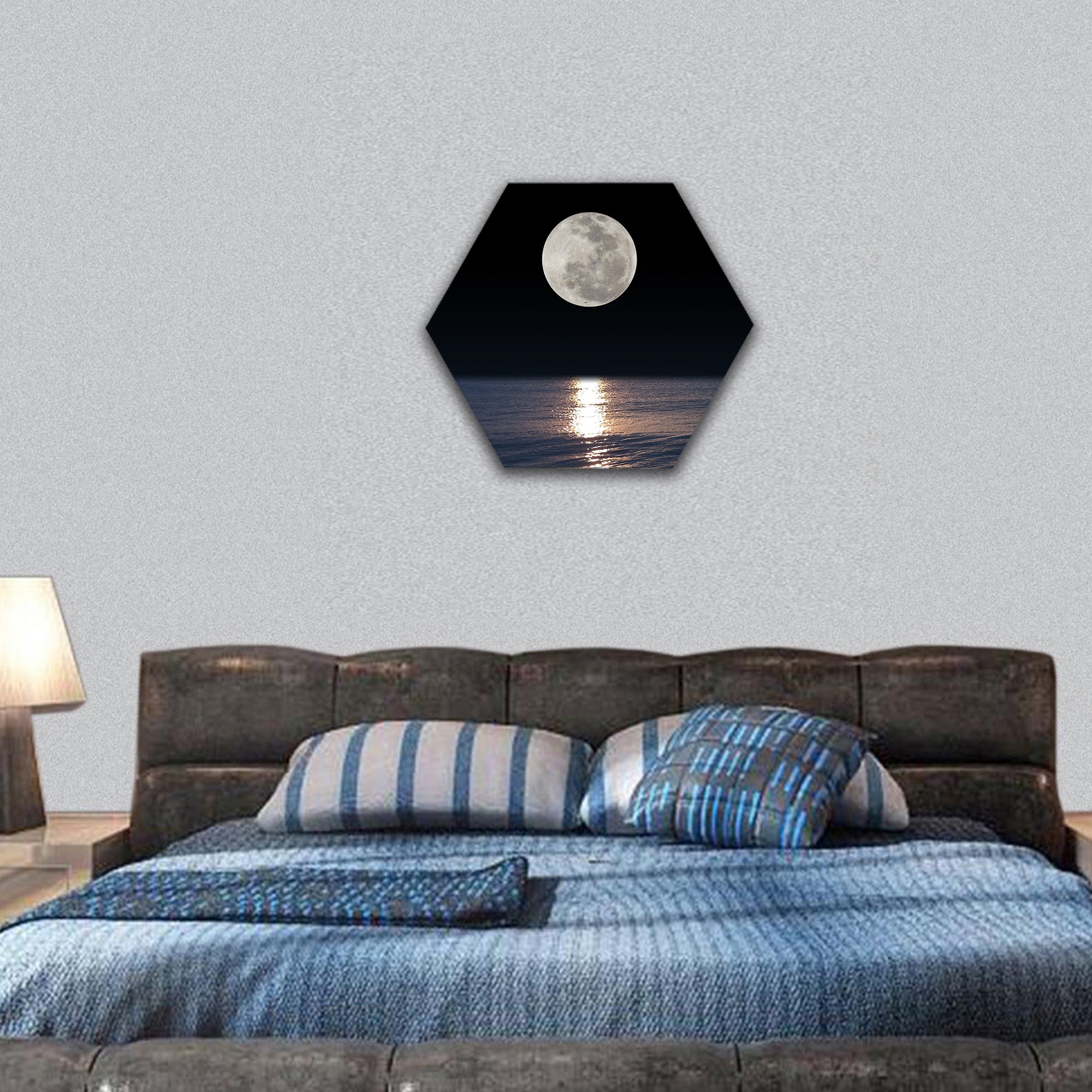 Romantic tropical beach with beautiful full moon hexagonal canvas wall art