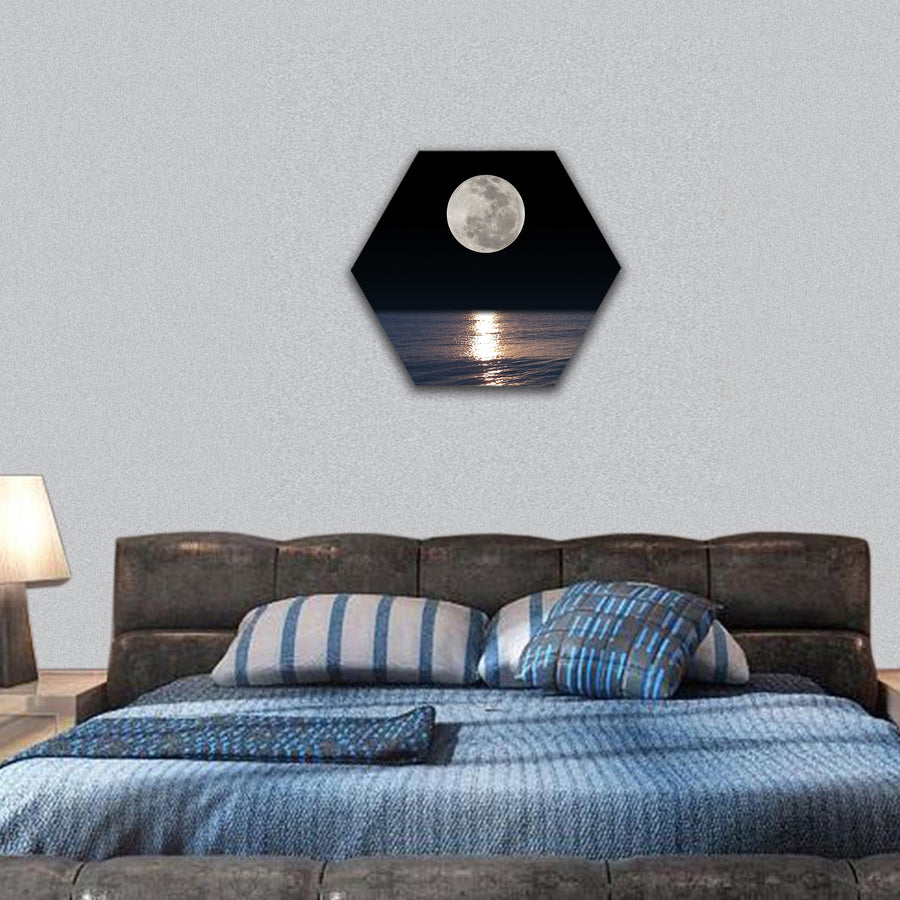 Romantic tropical beach with beautiful full moon hexagonal canvas wall art