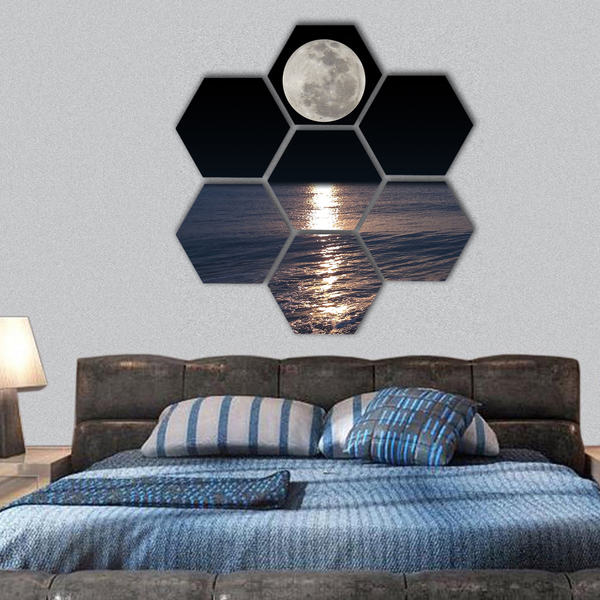 Romantic tropical beach with beautiful full moon hexagonal canvas wall art