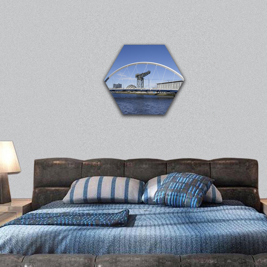 River Clyde in Glasgow with bridge, crane and modern buildings hexagonal canvas wall art