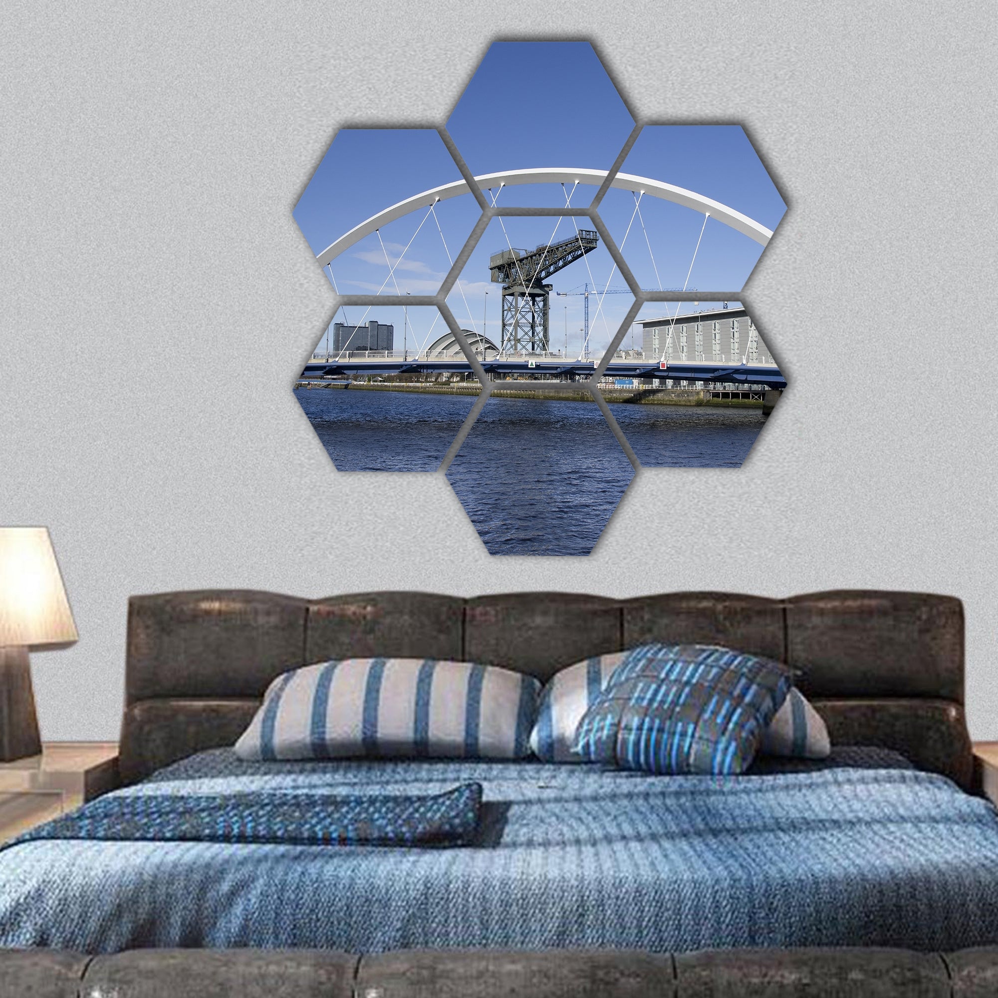 River Clyde in Glasgow with bridge, crane and modern buildings hexagonal canvas wall art