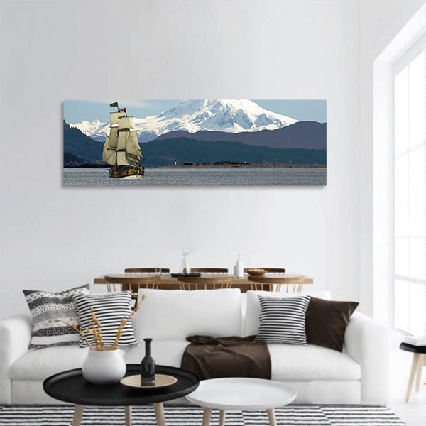 Mount Baker looms tall ship Lady Washington off Sidney panoramic canvas wall art