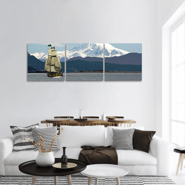 Mount Baker looms tall ship Lady Washington off Sidney panoramic canvas wall art