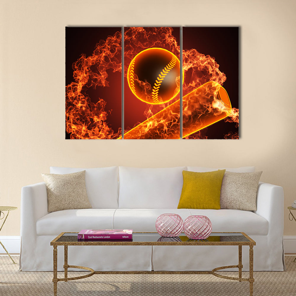 Baseball in fire made in 3D Multi panel canvas wall art