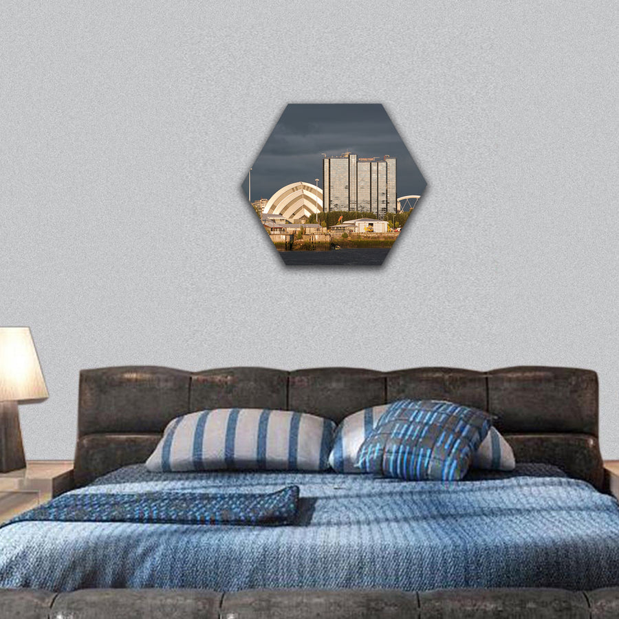 Sunlight on buildings beside River Clyde in Glasgow, Scotland, Europe hexagonal canvas wall art