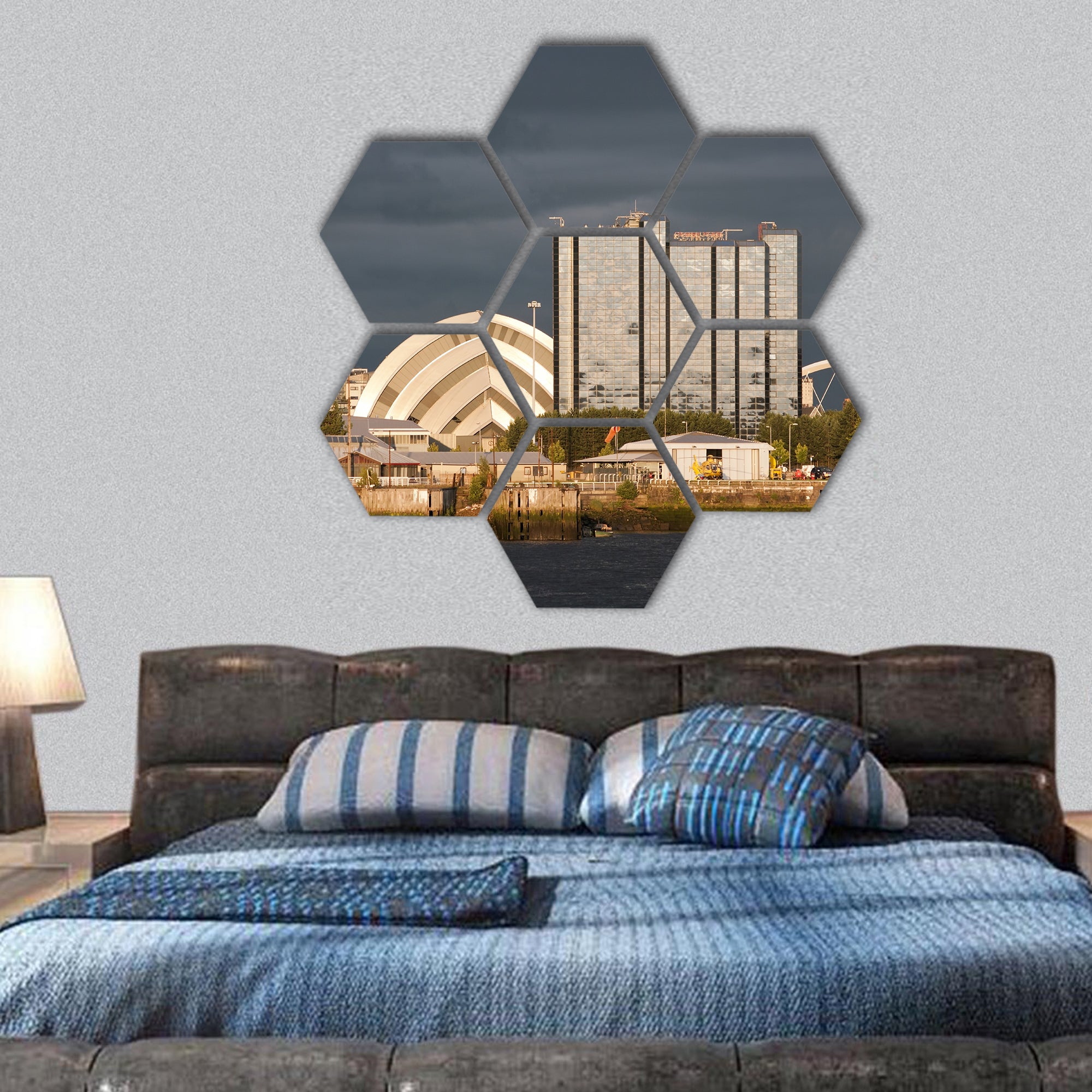 Sunlight on buildings beside River Clyde in Glasgow, Scotland, Europe hexagonal canvas wall art