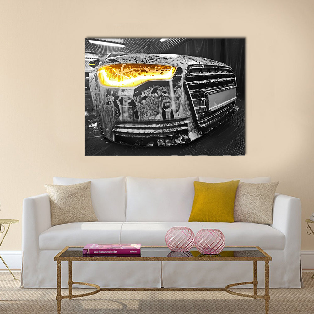 Prestigious new black car in foam on sink Multi panel canvas wall art