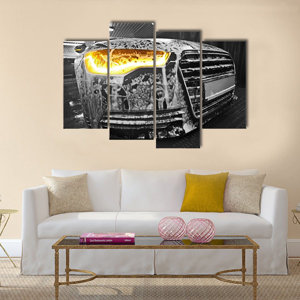 Prestigious new black car in foam on sink Multi panel canvas wall art