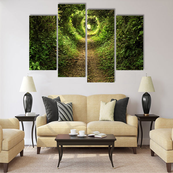 Tunnel -like path covered with bushes and trees Multi Panel Canvas Wall Art