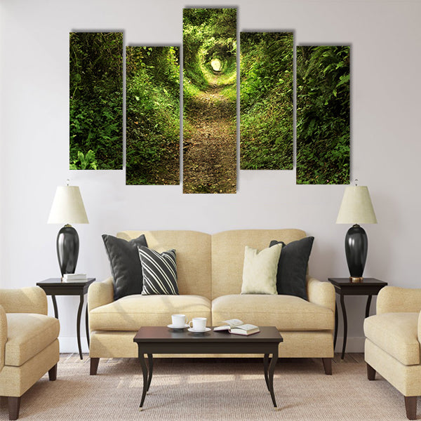 Tunnel -like path covered with bushes and trees Multi Panel Canvas Wall Art