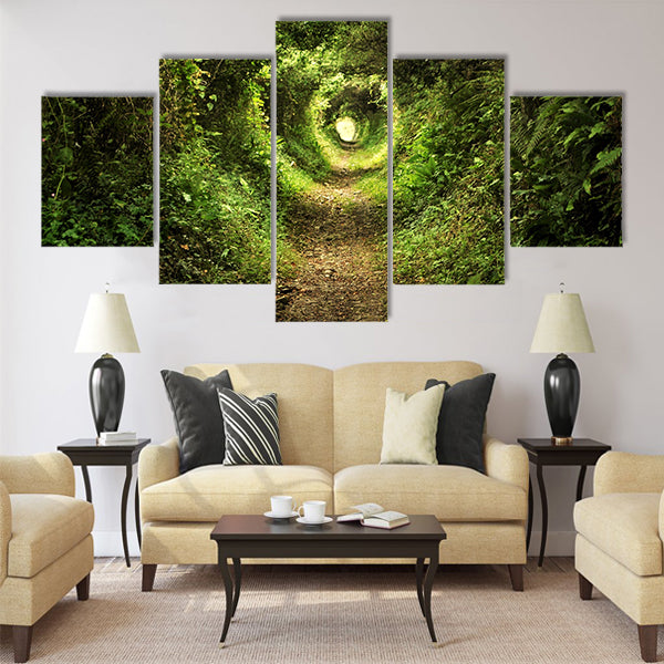 Tunnel -like path covered with bushes and trees Multi Panel Canvas Wall Art