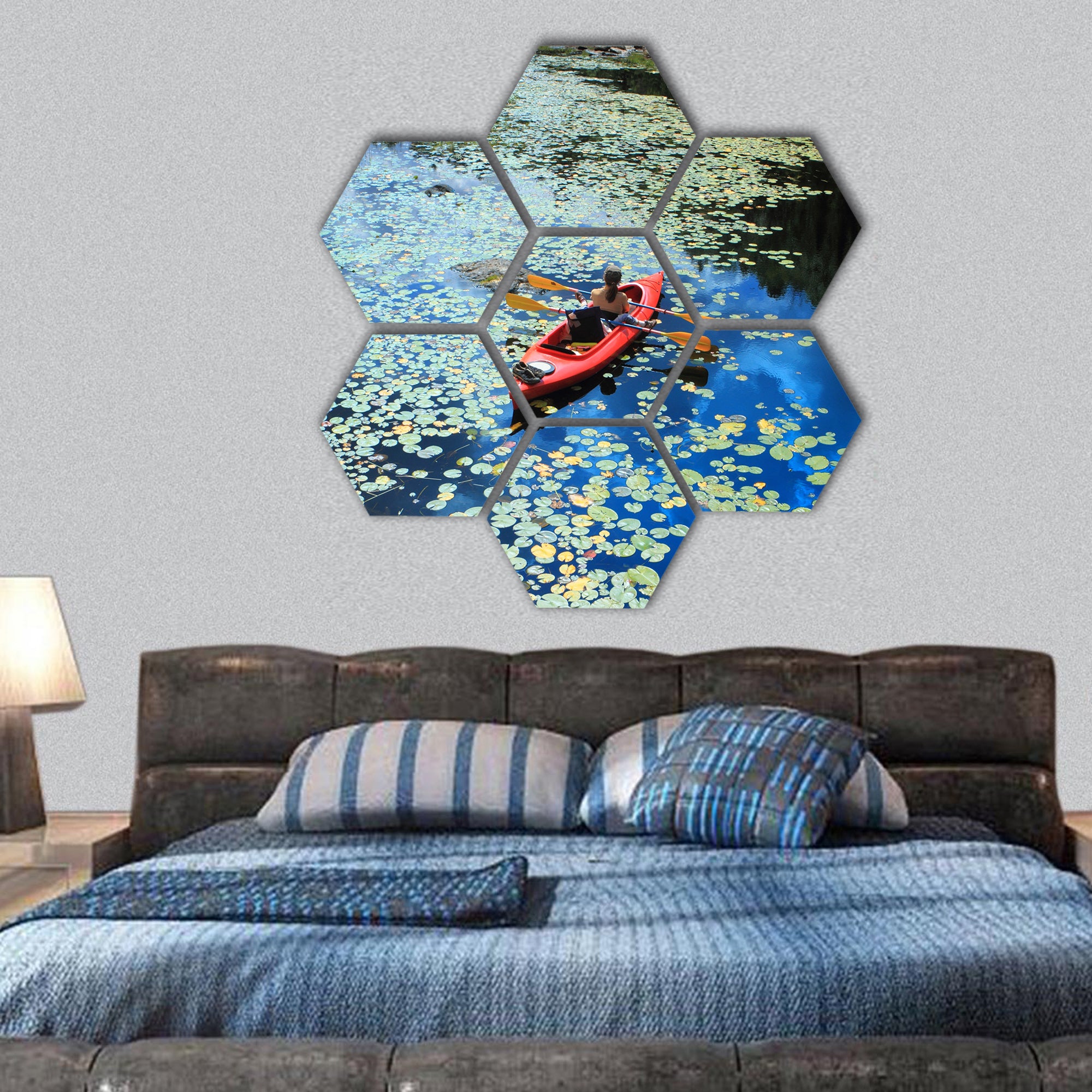 people canoeing and beautiful lake with water lilies hexagonal canvas wall art