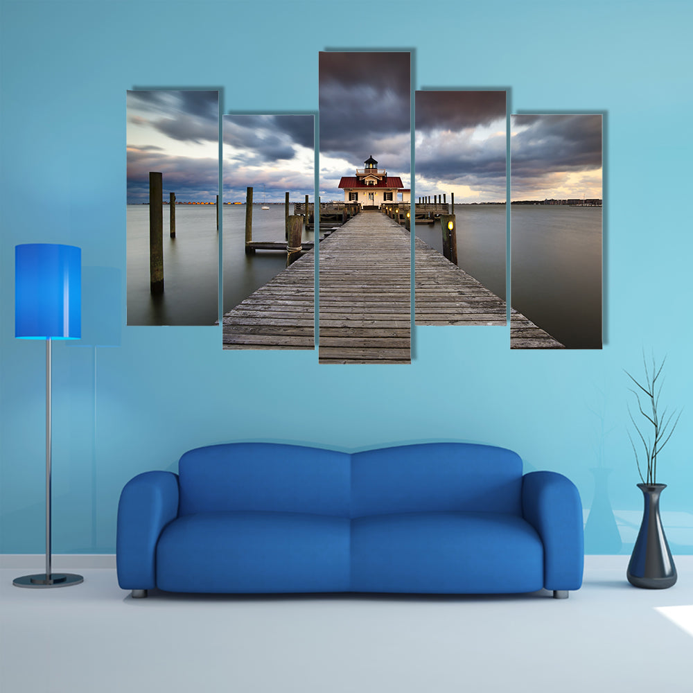 The Roanoke Marshes Lighthouse, Coastal Historic Island Multi Panel Canvas Wall Art
